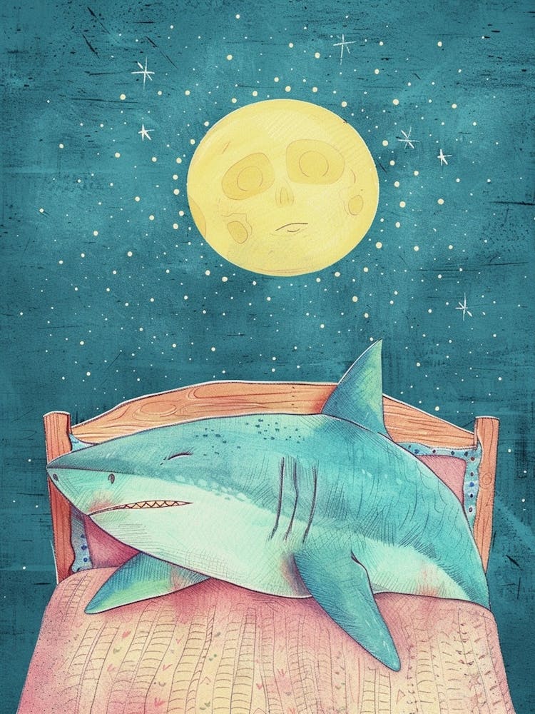 Pastellblauer Schlafender Hai mit Mond Illustration 1