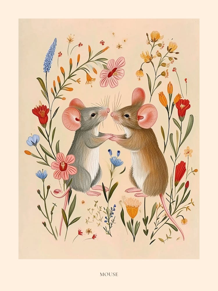 Folksy Floral Animal Drawing Mouse Poster
