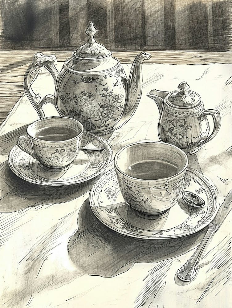 Aquarell Nachmittagstee Linienillustration 4