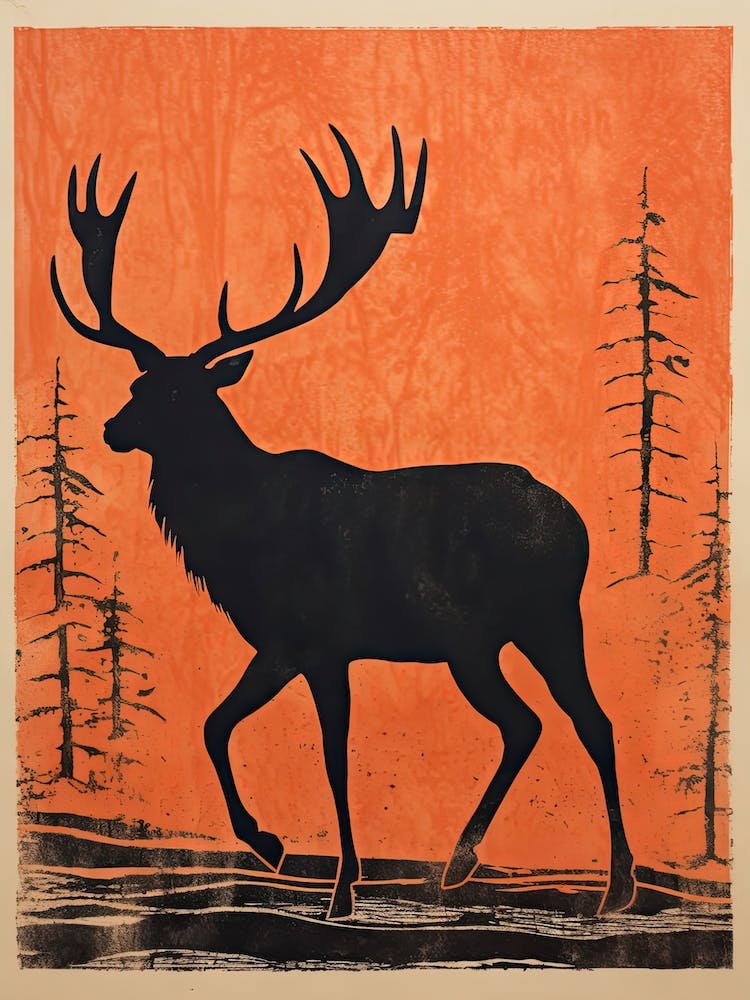 Elk, Woodblock Animal Drawing 3