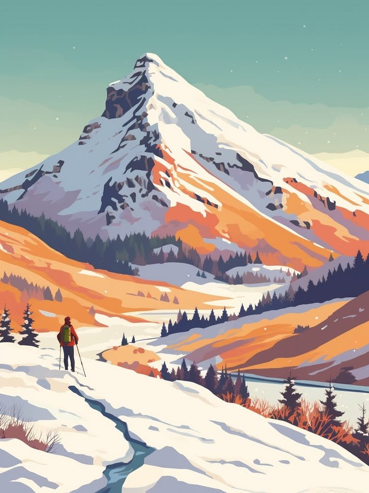 Vintage Winter Travel Illustration Snowdonia National Park United Kingdom 1