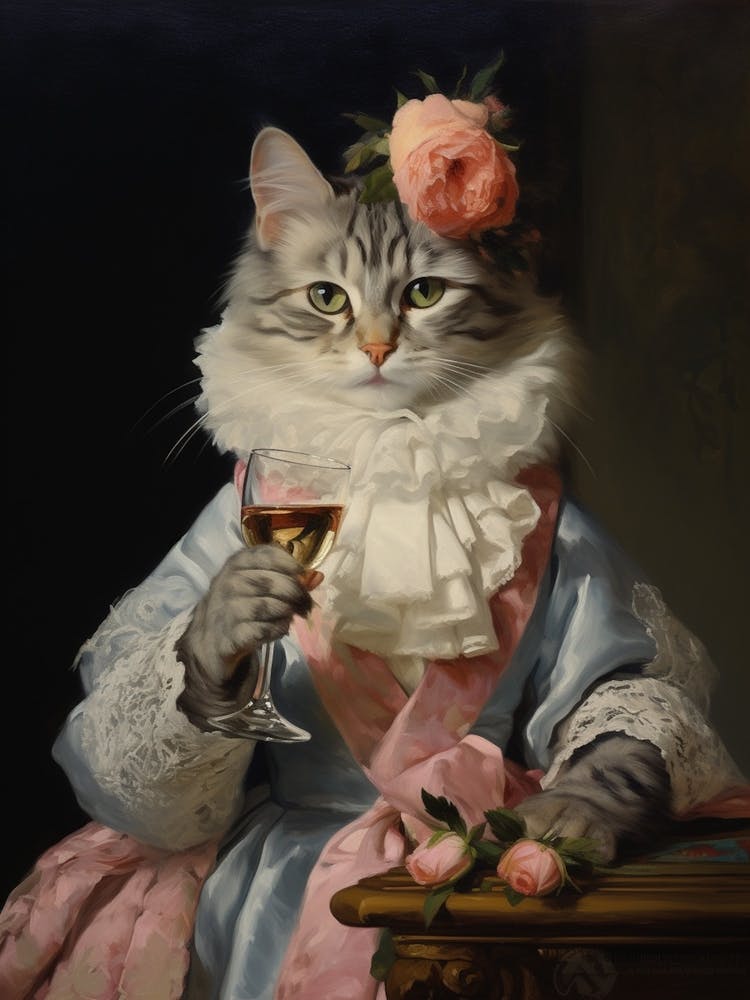 Cat Drinking Wine In A Pink & Blue Dress