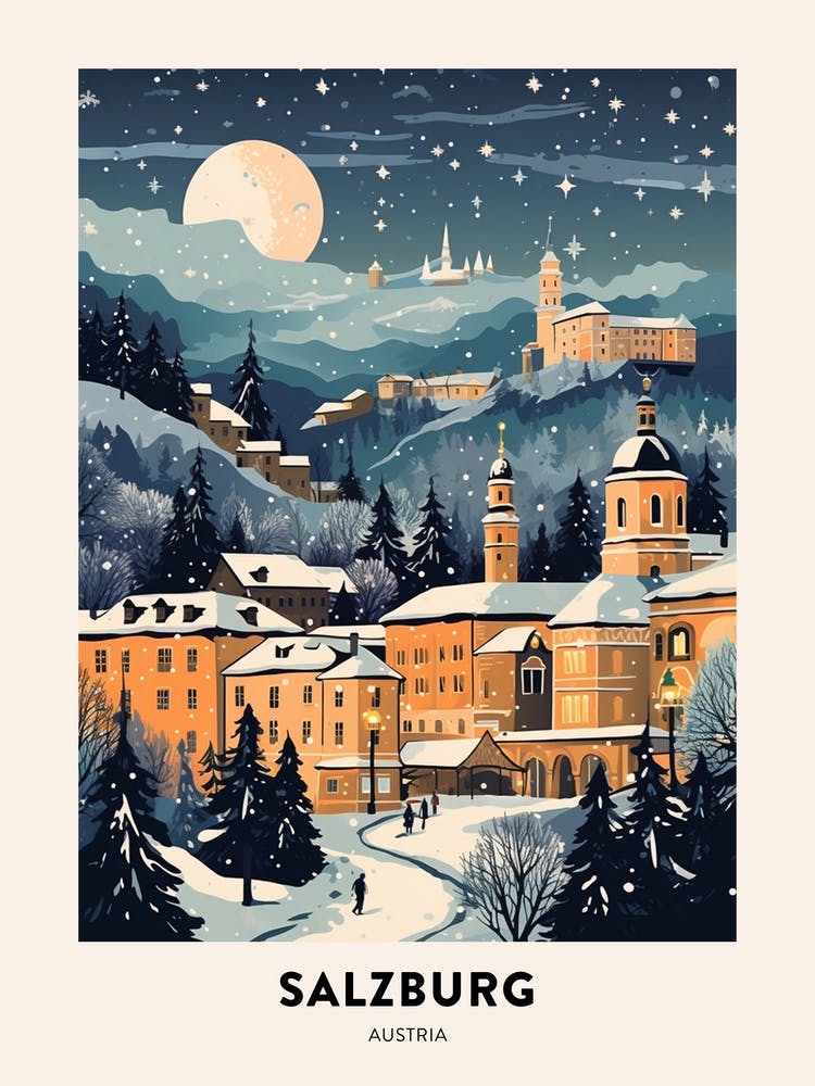 Winter Night  Travel Poster Salzburg Austria 4