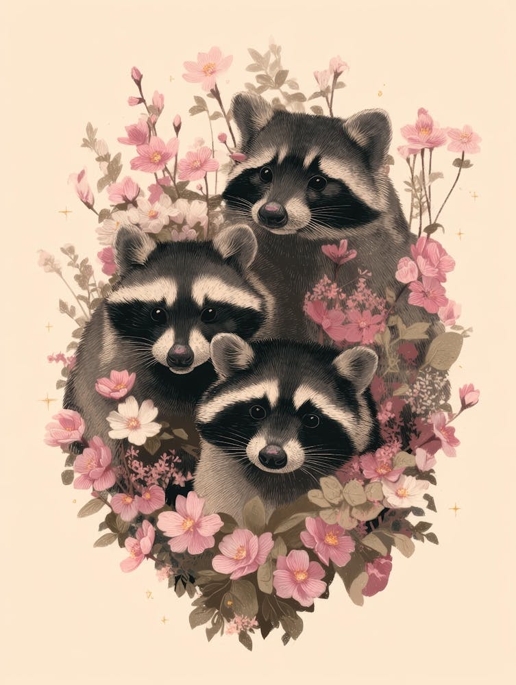 Raccoons In Flowers