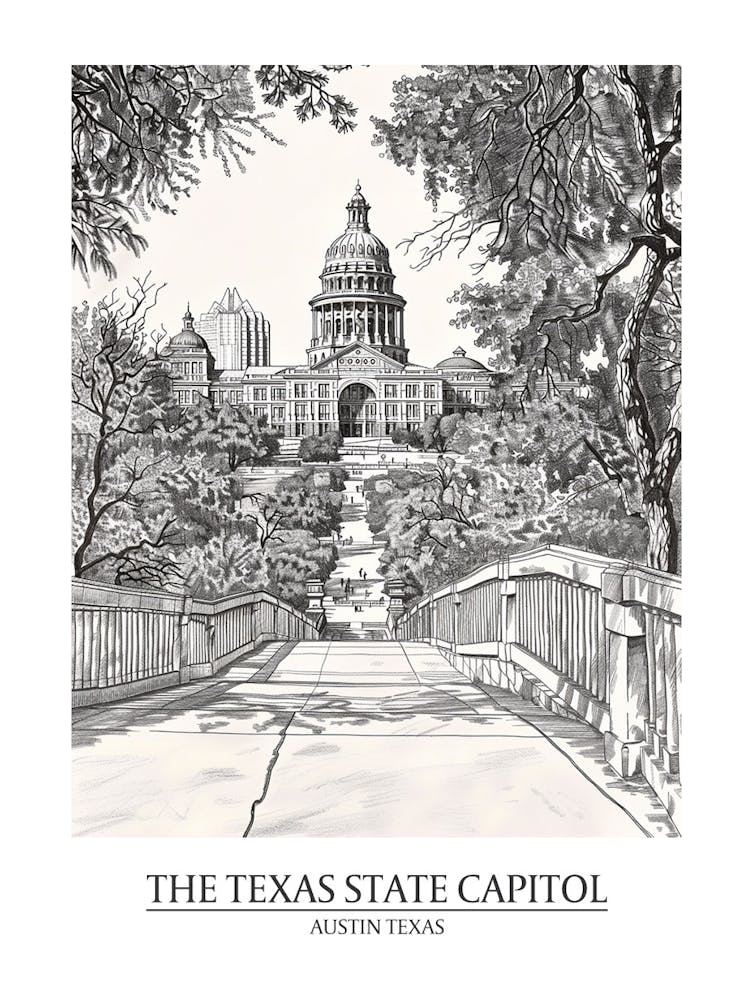 The Texas State Capitol Austin Texas Black And White Drawing 3 Poster