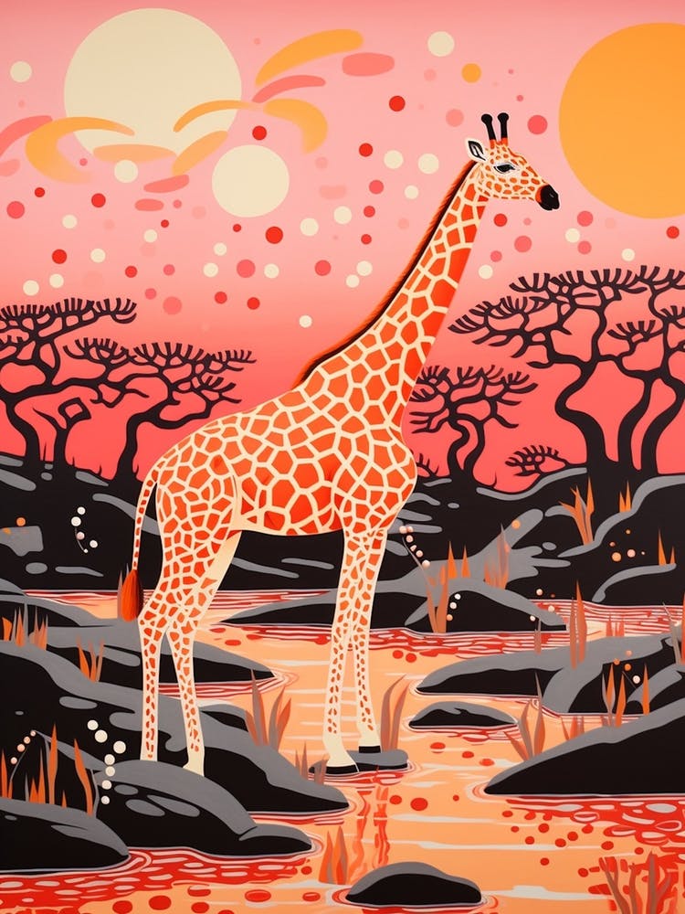 Giraffe In The River At Sunrise 1