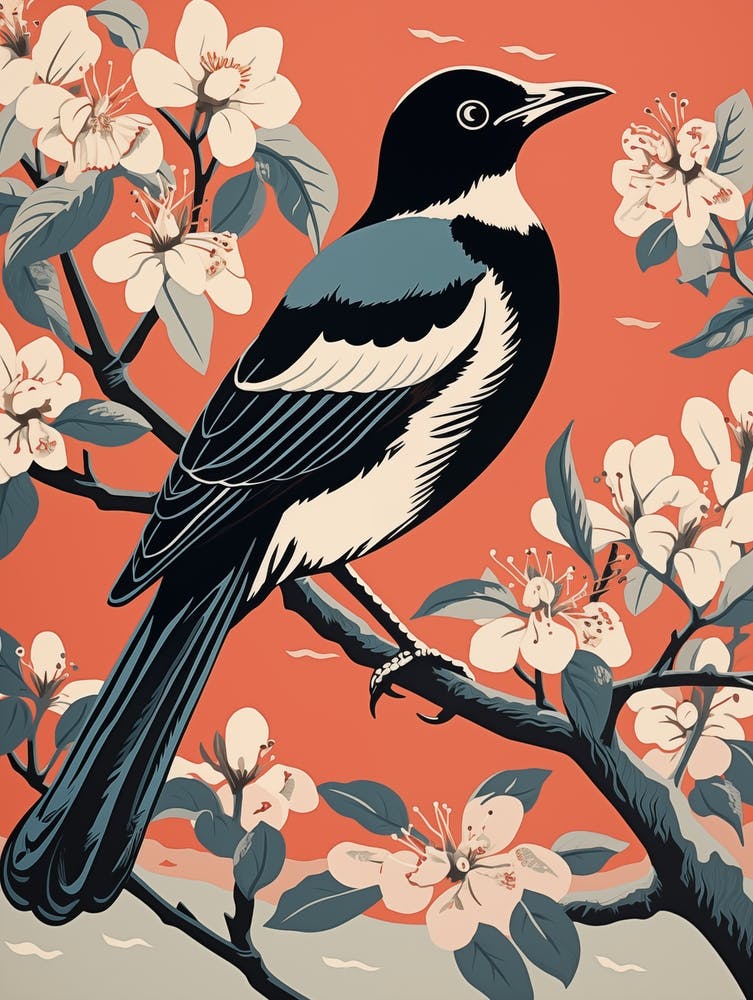 Vintage Bird Linocut Magpie 3