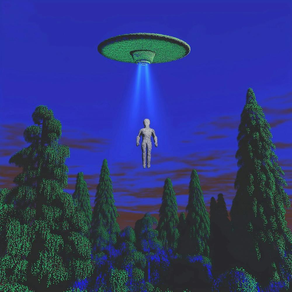 A Ufo Over A Forest Beaming Up A Person