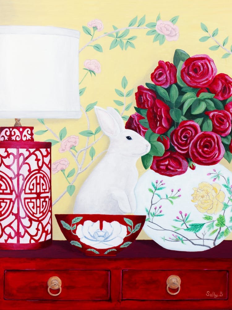 Rabbit And Roses In Chinoiserie Style