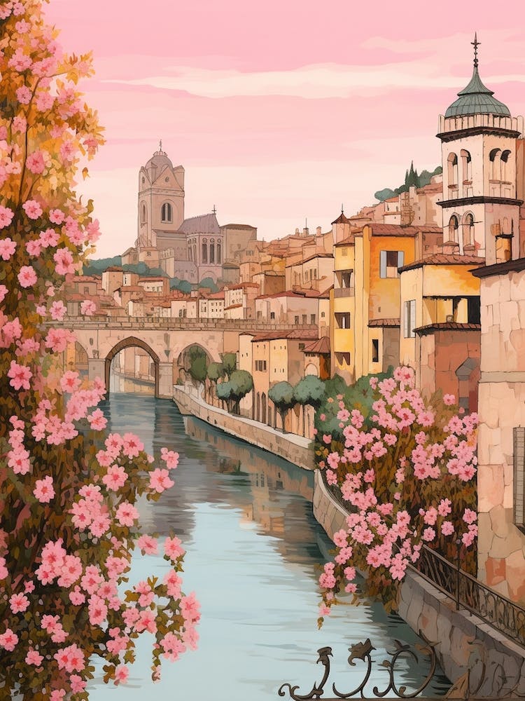 Nice France 5 Vintage Pink Travel Illustration