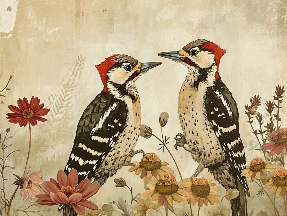 Floral Animal Illustration Woodpecker 1