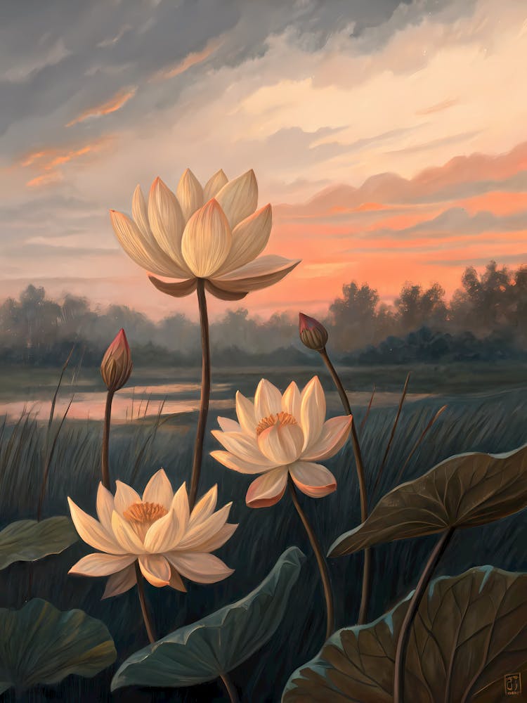Van Gogh Lotus Bloom Surreal Sunset Landscape
