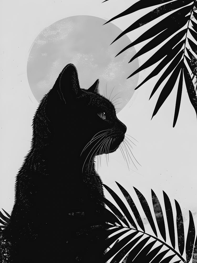 Black Cat In Palm Leaves