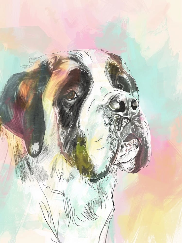 St Bernard Dog Pastel Line Watercolour Illustration  1
