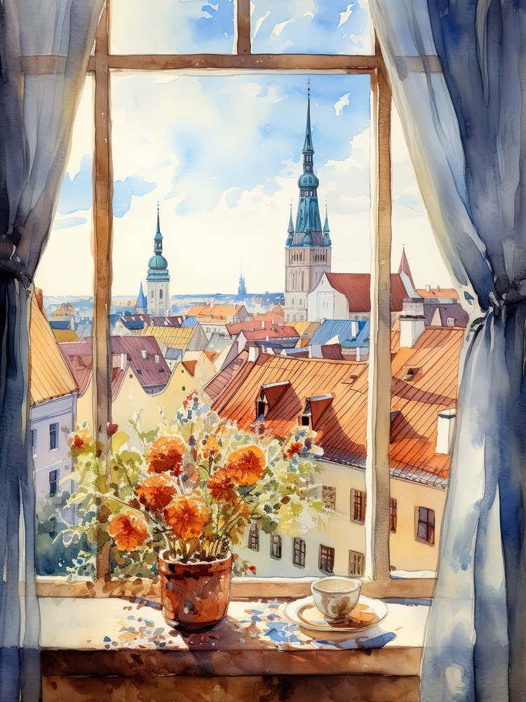 Window View Of Tallinn Estonia In Autumn Fall, Watercolour 3