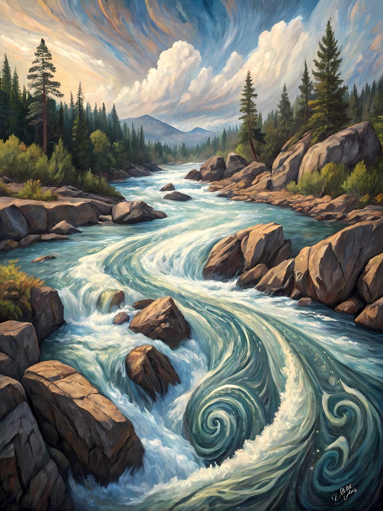 A Cascading River with Swirling Currents Oil Painting Style