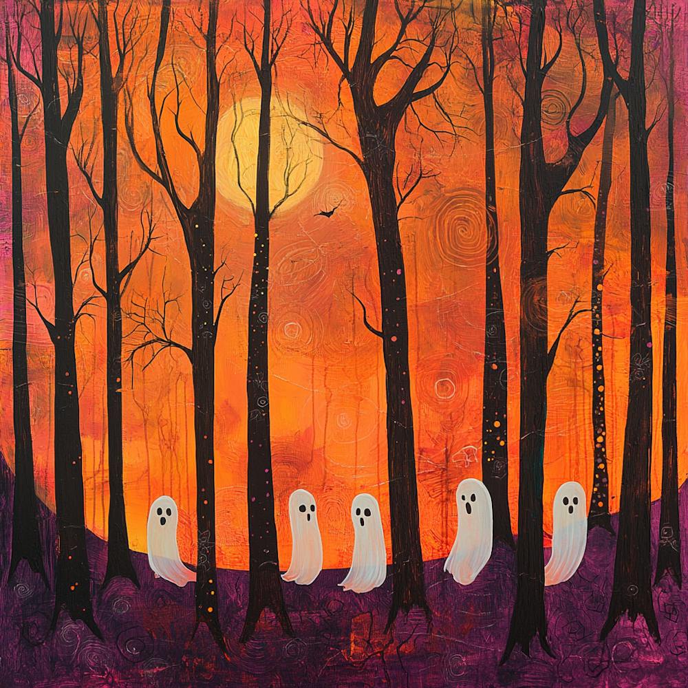 Ghosts In The Woods Orange Halloween Trees