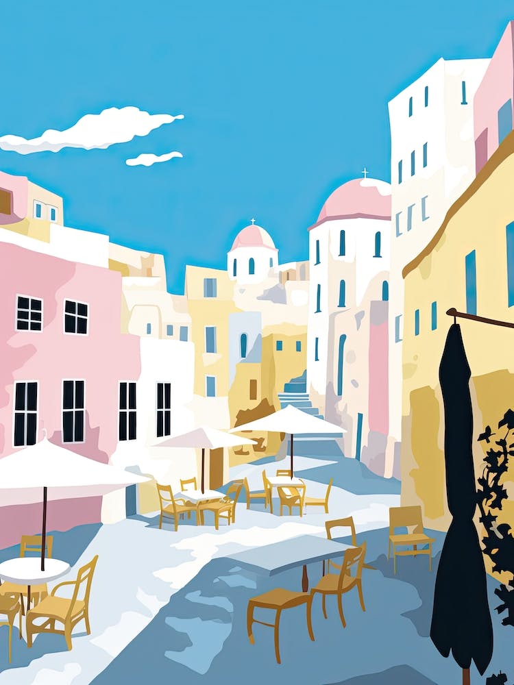 Santorini, Greece, Flat Pastels Tones Illustration 4