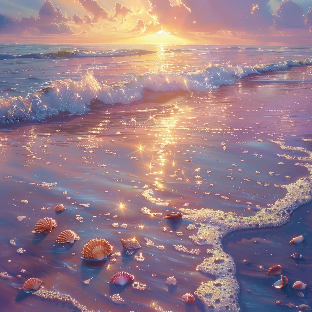 Coquillages sur Plage au Coucher de Soleil Scintillant