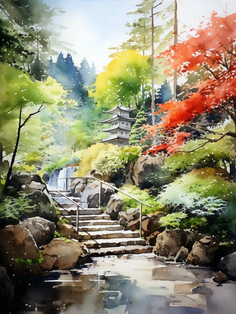 Portland Japanese Garden Usa Watercolour 2