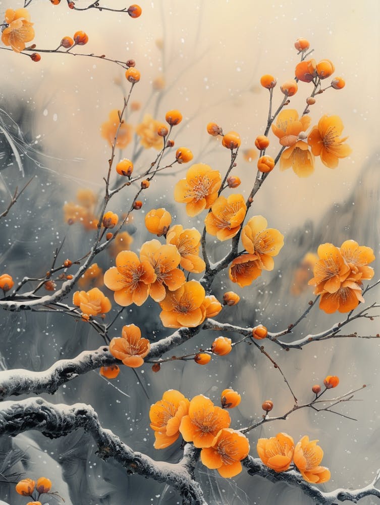 The Yellow Plum Flowers Is Full Of Branches, The Branches Are Full Of White Snow, The Background Blur, The Depth Of The Field, The Effect Of Many Details, And The Real Photo Effect