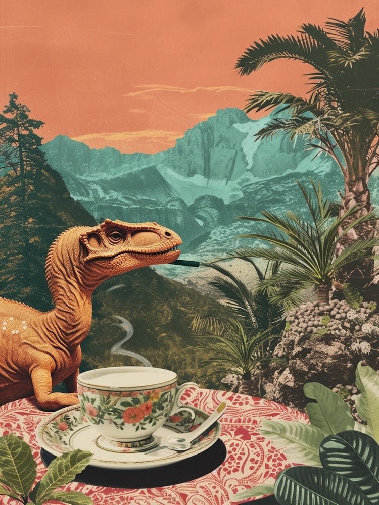 Dinosaur Drinking Coffee Retro Collage 2
