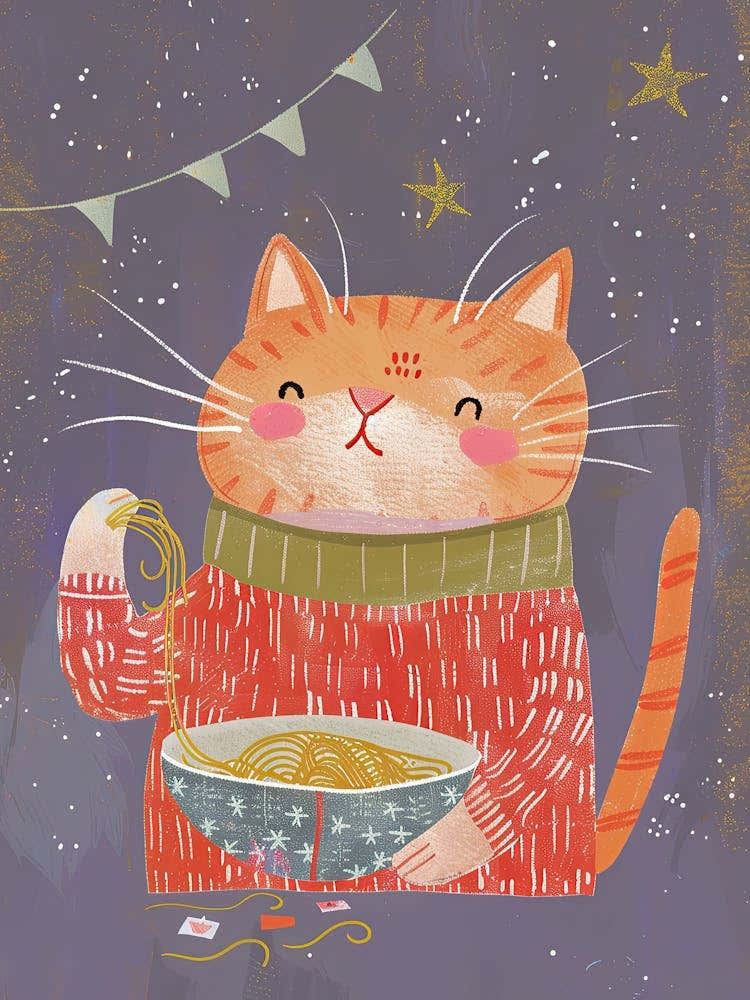 Orange Cat Pasta Lover Folk Illustration 3