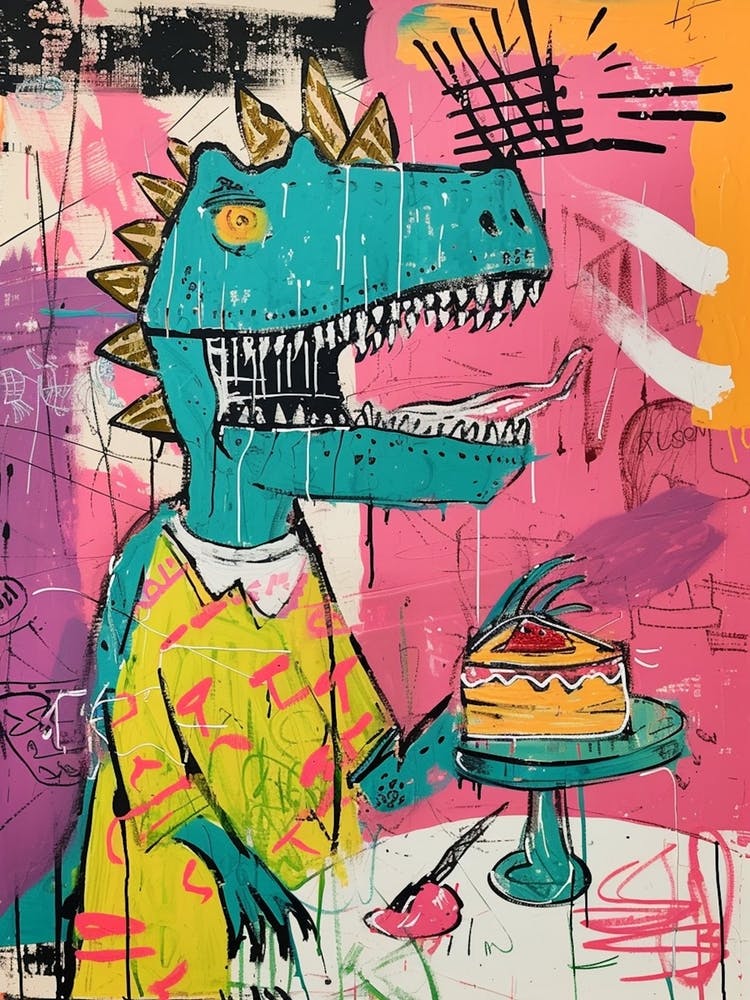 Dinosaurier isst einen Kuchen Rosa Blau Graffiti-Stil
