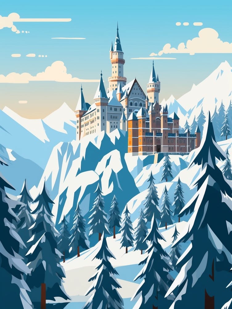 Retro Winter Illustration Schloss Neuschwanstein Germany 1