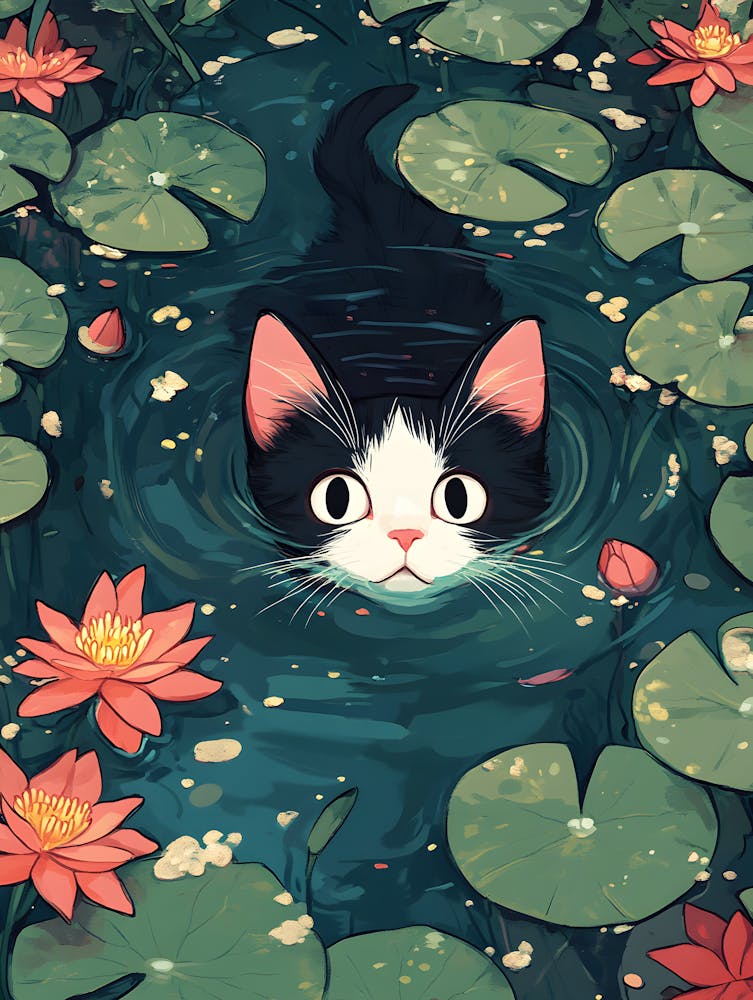 Süße Katze Schwimmt Zwischen Seerosen 3
