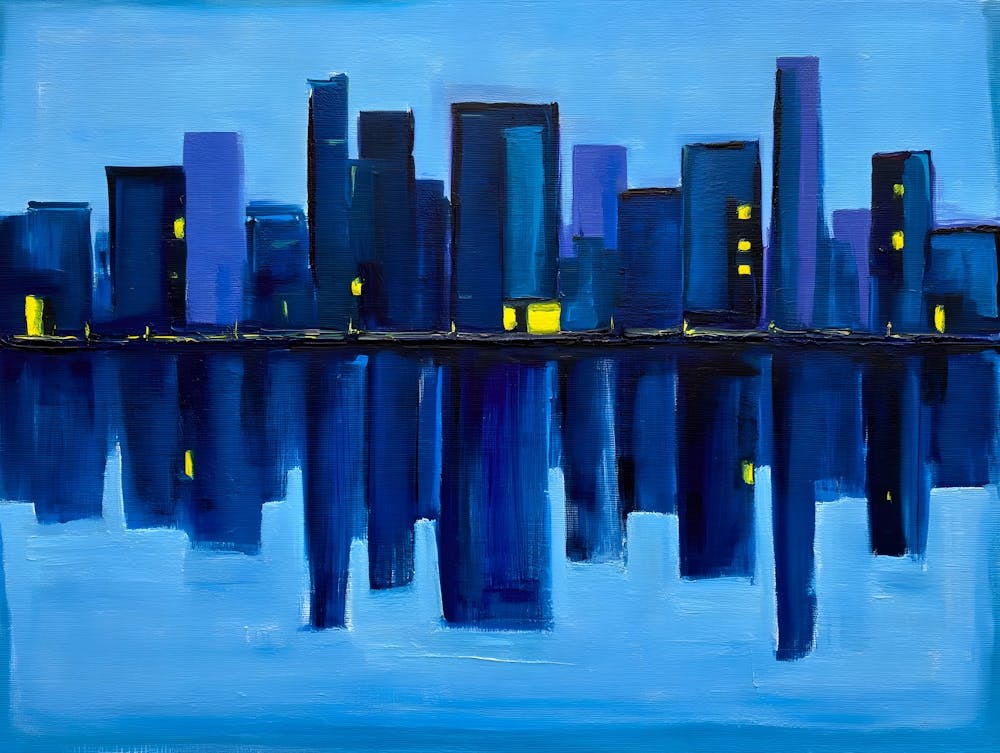 Abstract City Skyline Reflection Painting Print - Blue and Yellow Urban