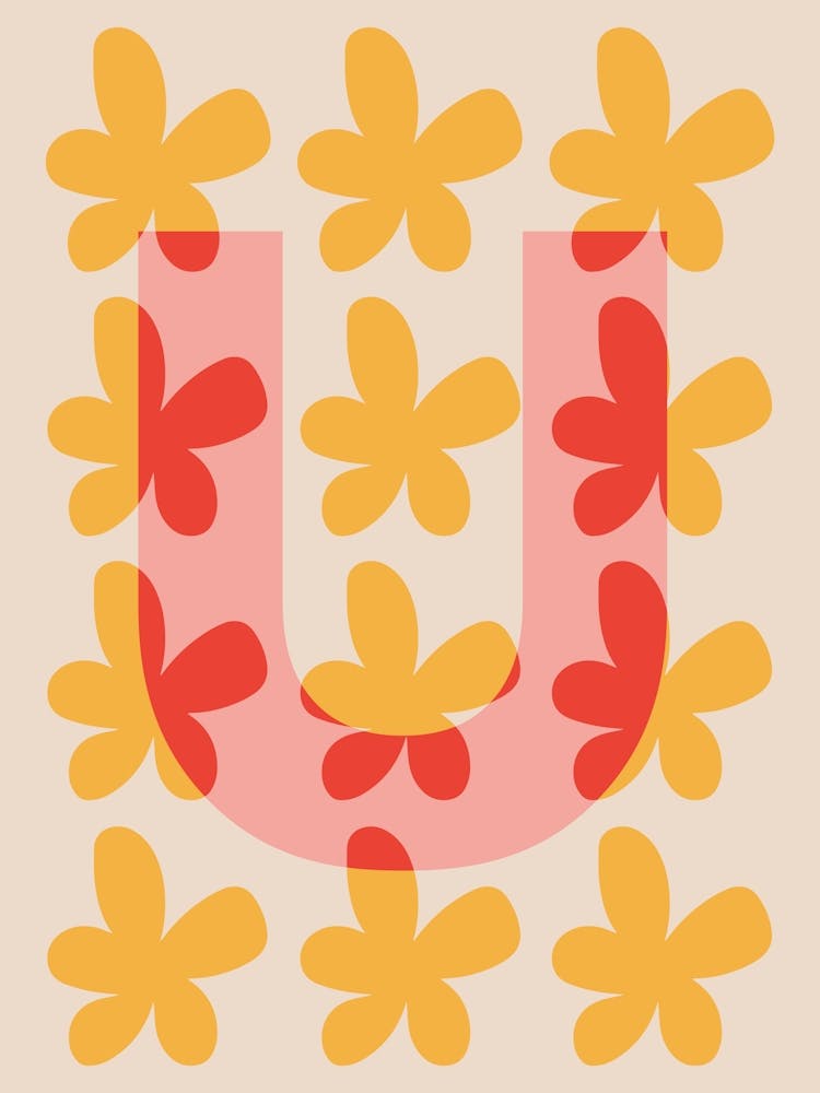 Alphabet Flower Letter U Print - Pink, Yellow, Red