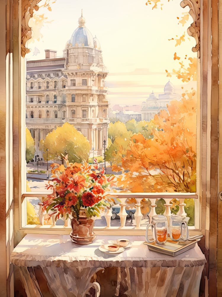 Window View Of Madrid Spain In Autumn Fall, Watercolour 3