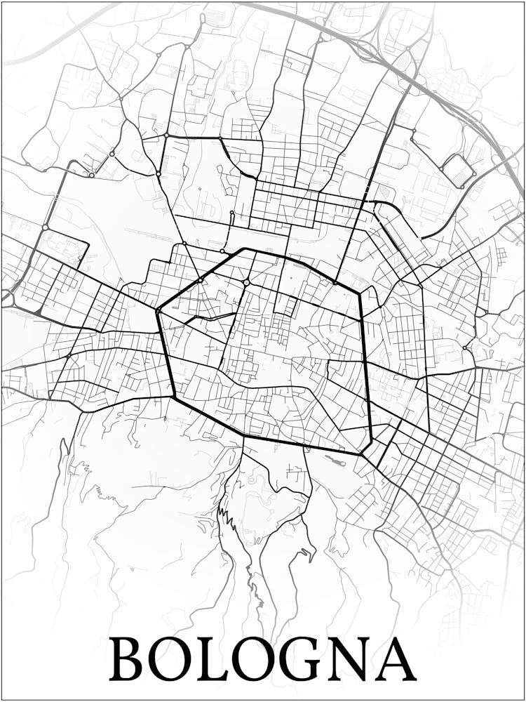 Bologna, Italy, City Map, Black And White Fade Design
