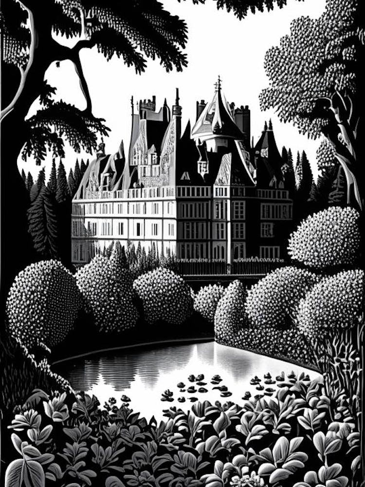 Château De Chenonceau Gardens, France Linocut Black And White Vintage