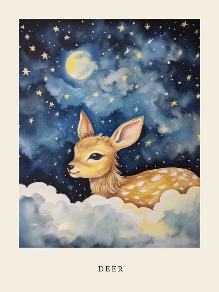 Baby Deer 2 Sleeping In The Clouds Nursery Poster