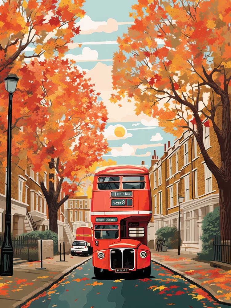 London Street In Autumn Fall Travel Art 1