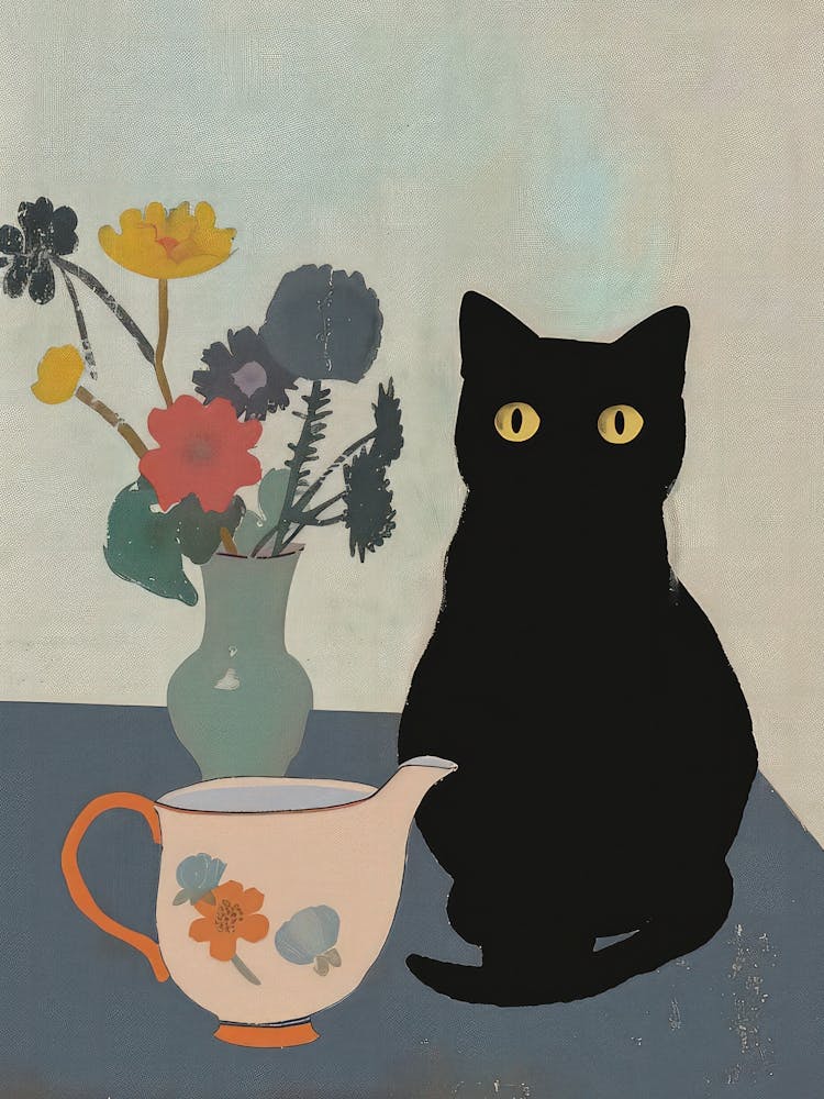 Black Cat Print Still Life With Tea Pot Emile Bernard Funny