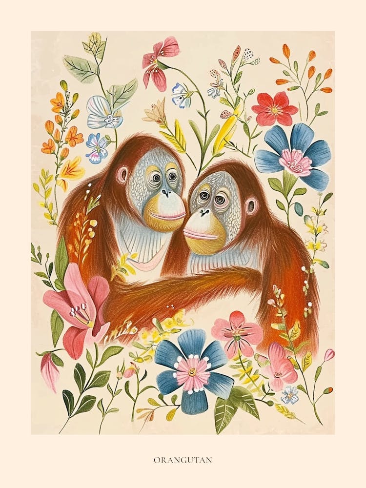 Folksy Floral Animal Drawing Orangutan Poster