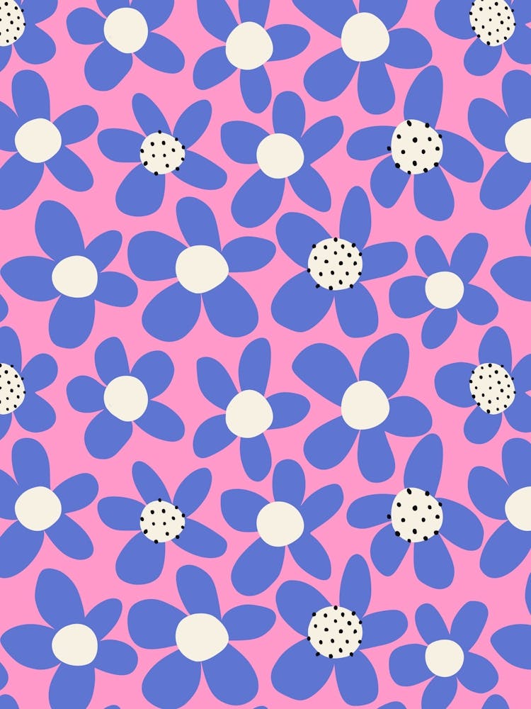 Playful Blooming Flowers Blue On Bright Pink