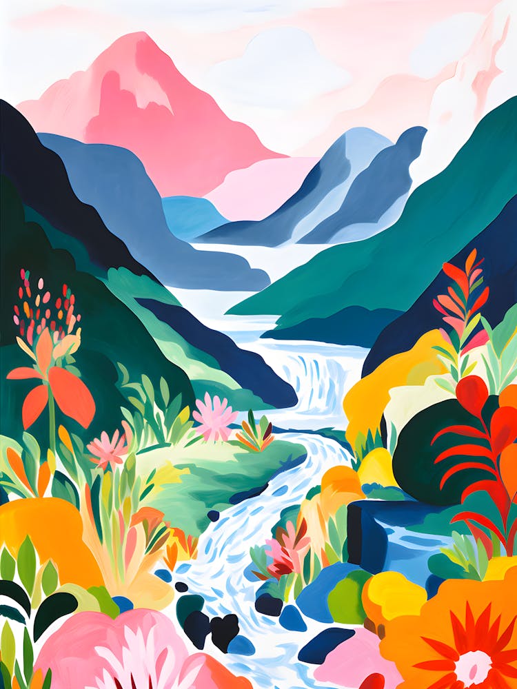 Colorful Landscape Painting – Vibrant Nature Art With Mountains And River