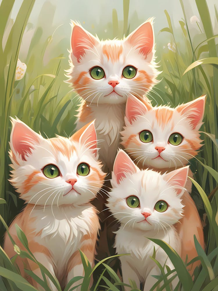 Four Kittens In The Grass