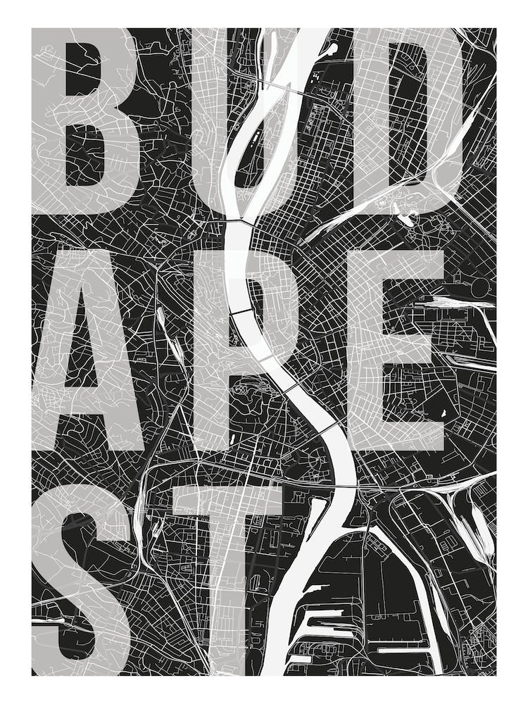 Budapest Mono Street Map Text Overlay