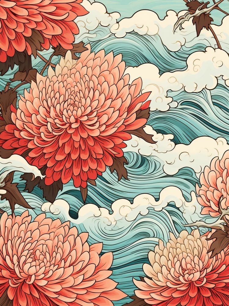 Great Wave With Dahlia Flower Drawing In The Style Of Ukiyo E 1