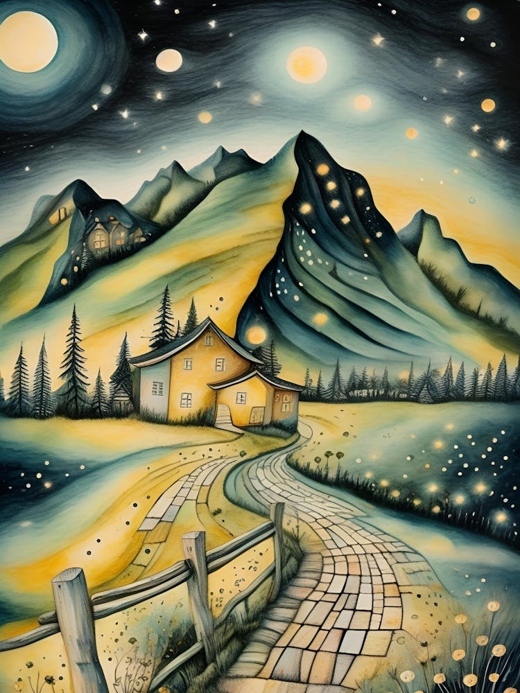 Dreamy Starlit Cottage | Fantasy Mountain Landscape Wall Art