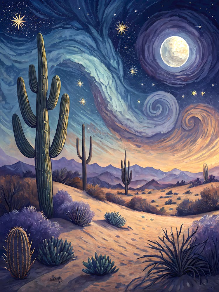 Moonlit Desert Cactus Scene Starry Night Landscape Oil Painting