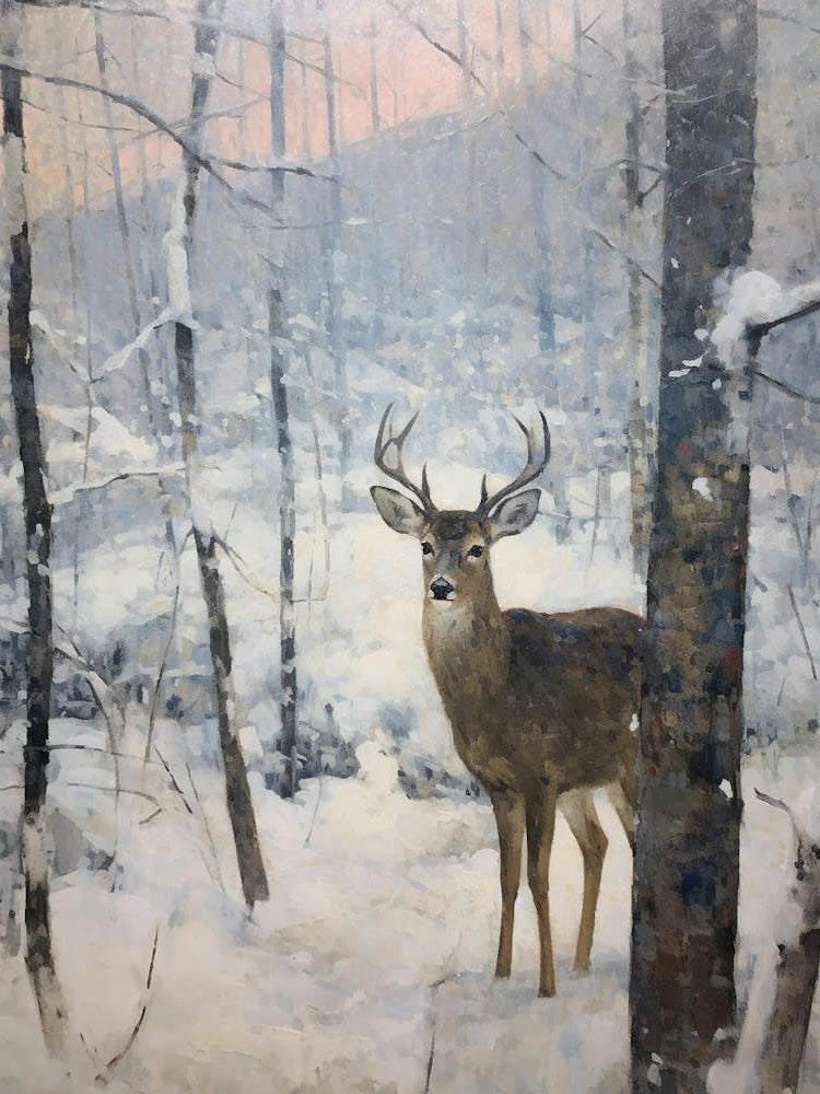Vintage Winter Animal Painting Black Tailed Deer 2