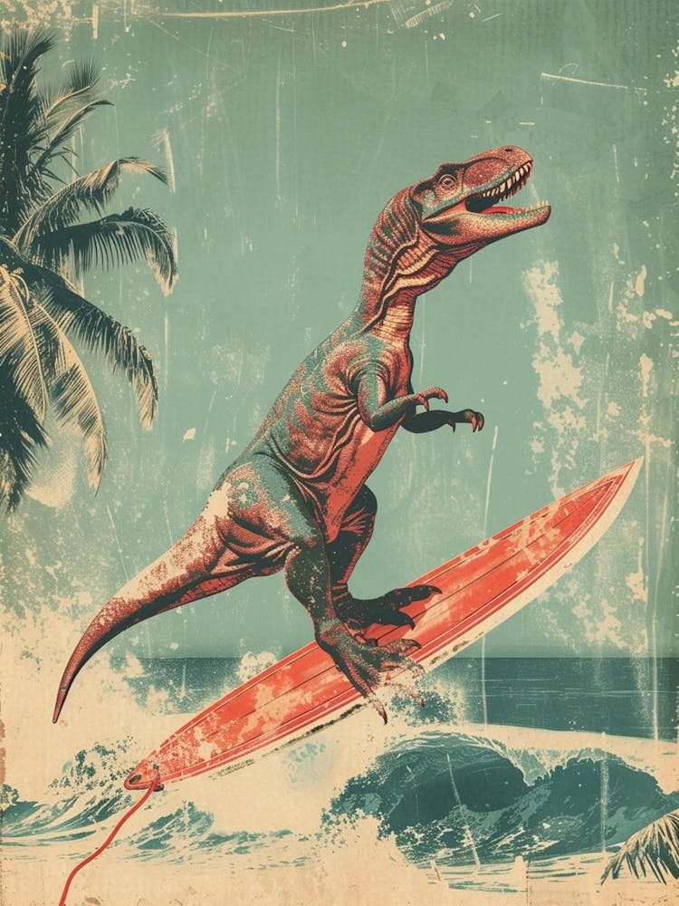 Vintage Troodon Dinosaur On A Surf Board 2