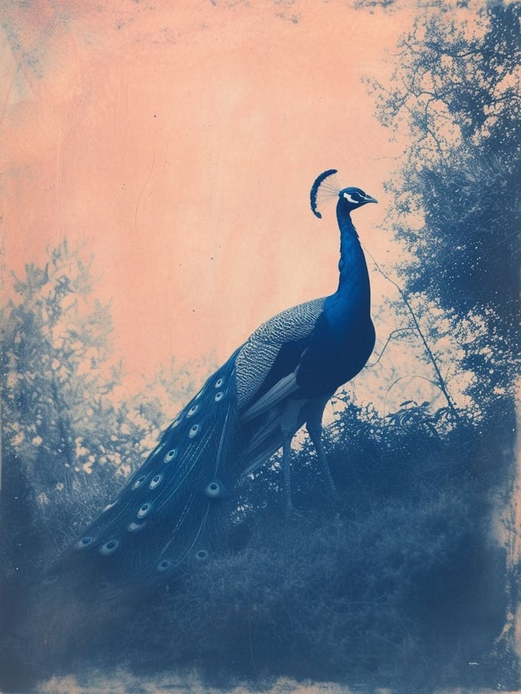 Peacock In The Wild Blue Cyanotype 1