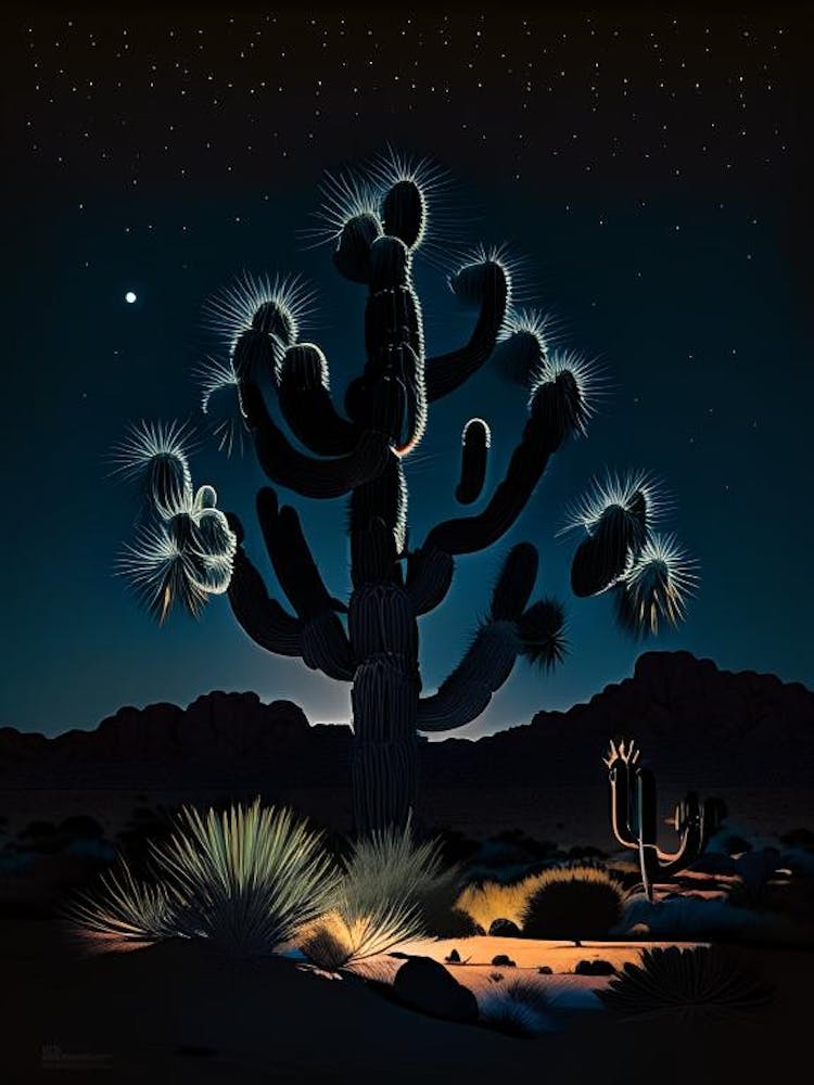 Joshua Tree At Night Vintage Botanical Line Drawing